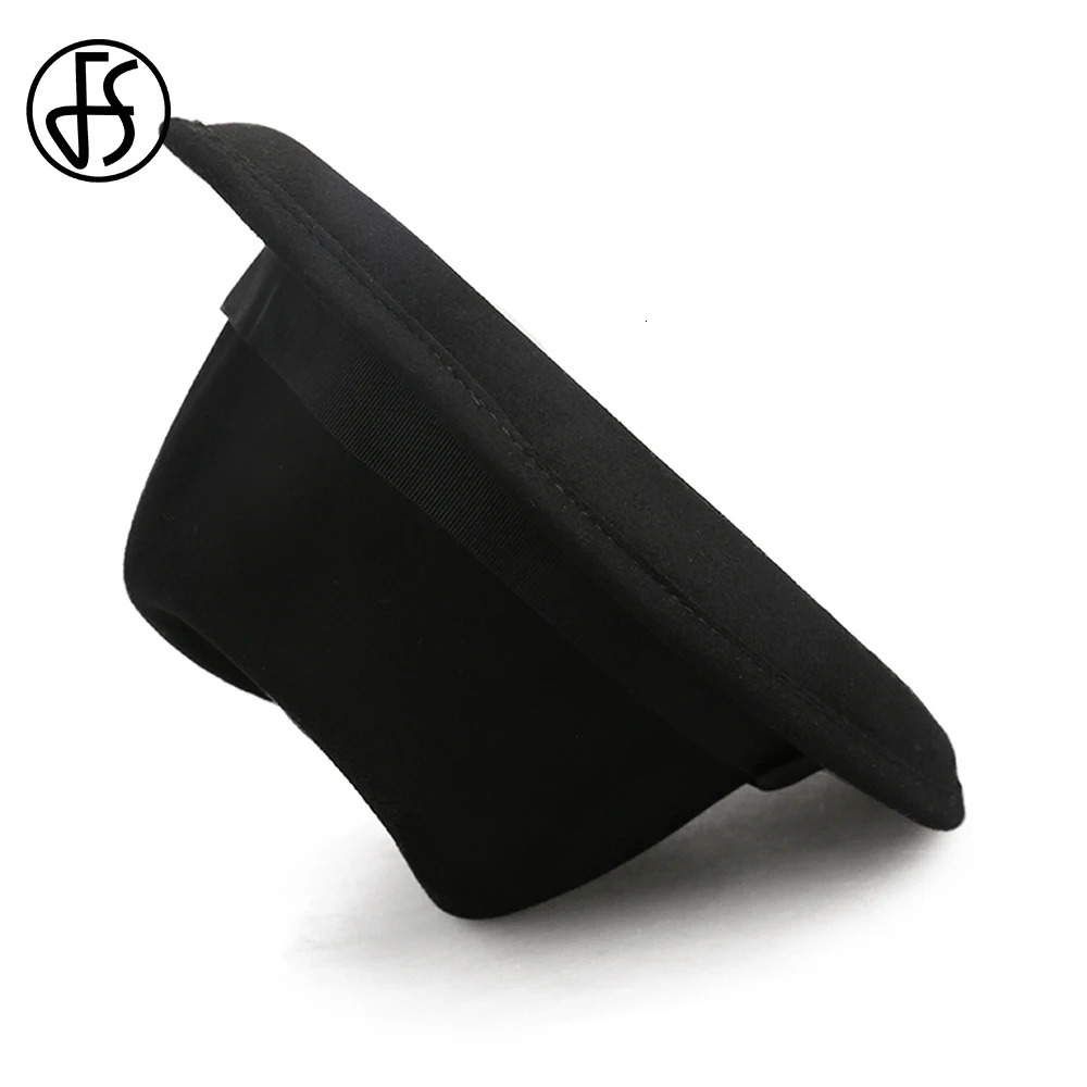 FS Vintage Black Pork Pie Hats Men Unisex Church Jazz Hat Gentlemen Wool Felt Fedoras Ribbon Trilby Panama Gangsters Cap 240412