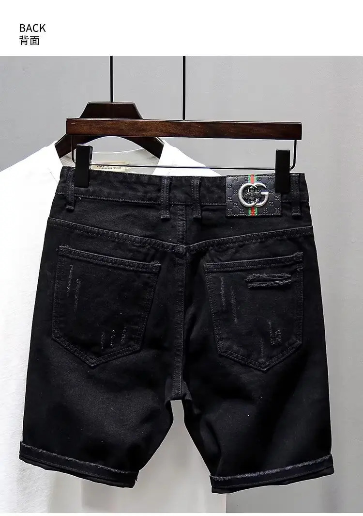 Summer Mens Black Denim Shorts Fashion Washable Elastic Slim Fit Five Point Middle Jeans Shorts 240409
