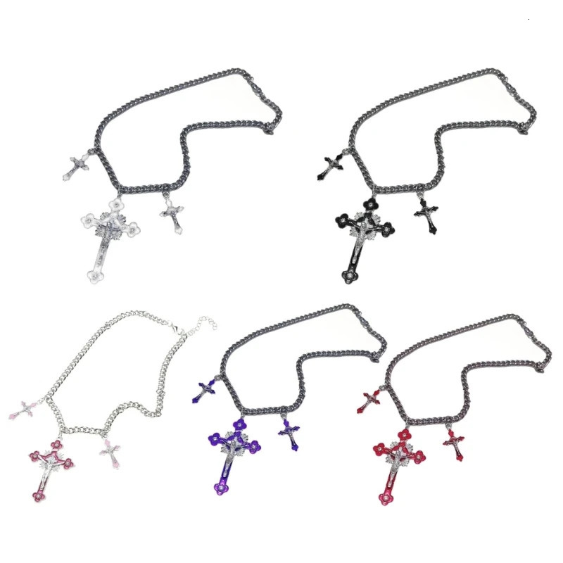 Pink Cross Pendant Necklace Cool Y2K Gothic Jewelry Rainbow-Cross Jesus Crucifix Cross Pendant Chain Necklace for Women 241113