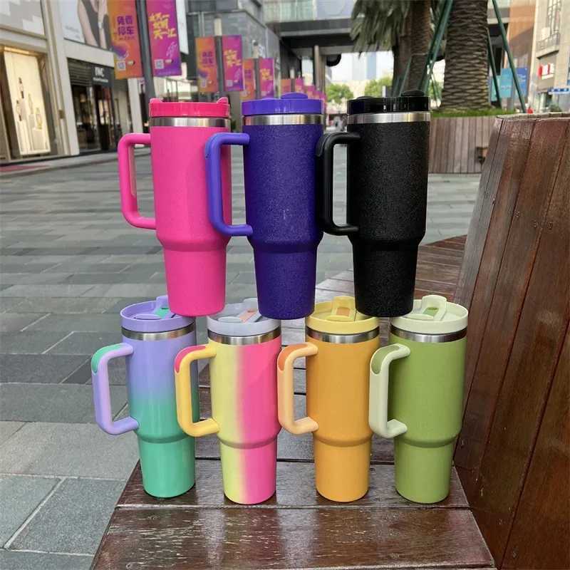 1200ml 40oz stainless steel water bottle with handle straw vacuum hot cup large capacity station wagon coffee Y241114