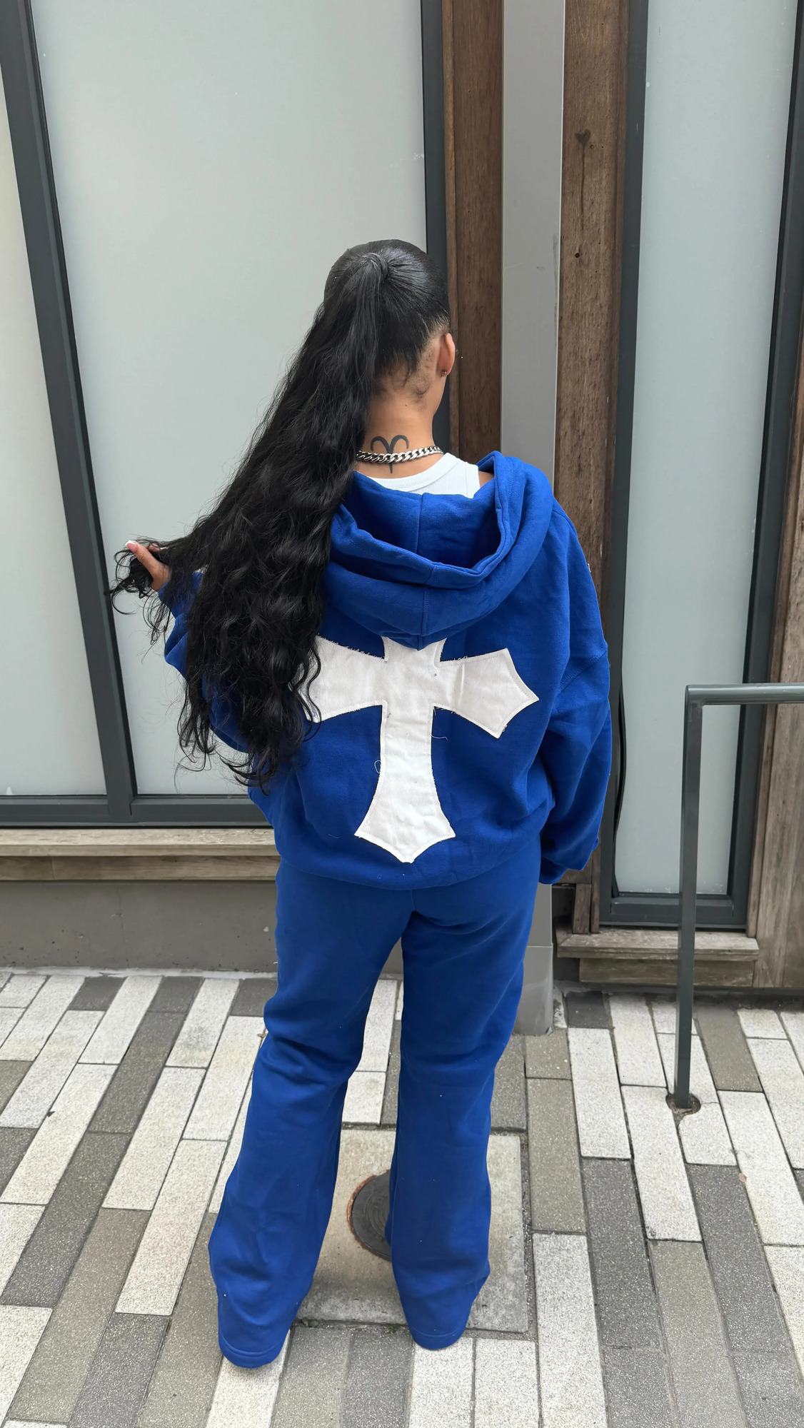 Y2K Blue Retro Cross Patchwork Loose Hoodies SAINTS Sweatshirt Fashion Oversized Zip Up Hoodie Men Streetwear Women Clothing 241112