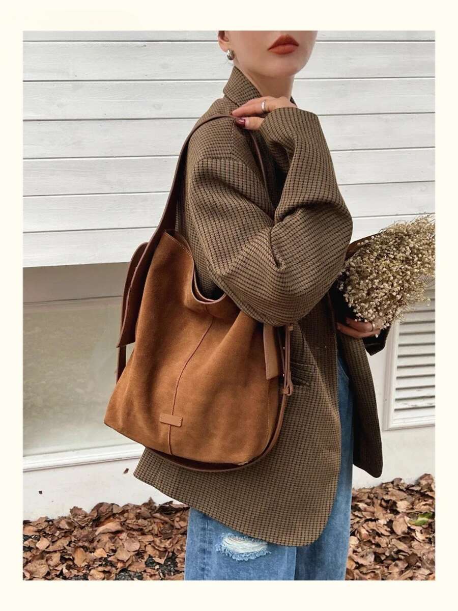 Ins Chic Slouchy Style Soft Touch Bucket Tote Big Genuine Suede Leather Women Shoulder Bag Matte Nubuck Office Ladies Handbag Suede BagVoyage