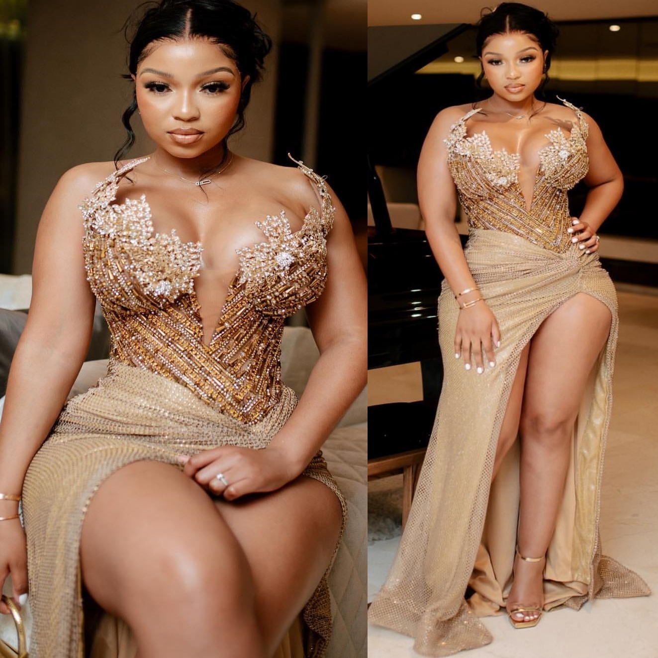 2024 Plus Size Gold Illusion Sheath Prom Dresses Special Ocns Rhies High Split Evening Party Birthday Gowns Dress For Women Vestidos de novia