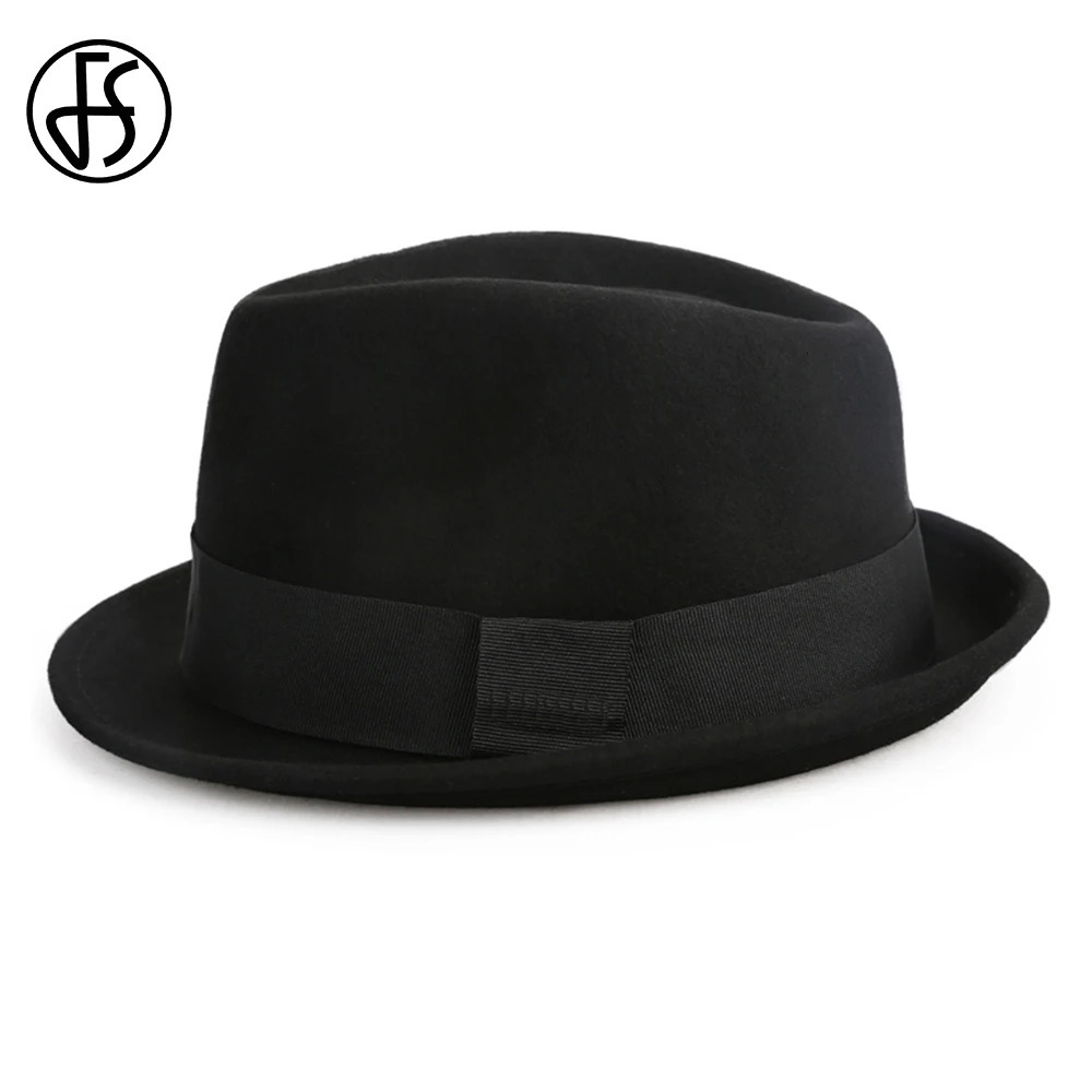 FS Vintage Black Pork Pie Hats Men Unisex Church Jazz Hat Gentlemen Wool Felt Fedoras Ribbon Trilby Panama Gangsters Cap 240412