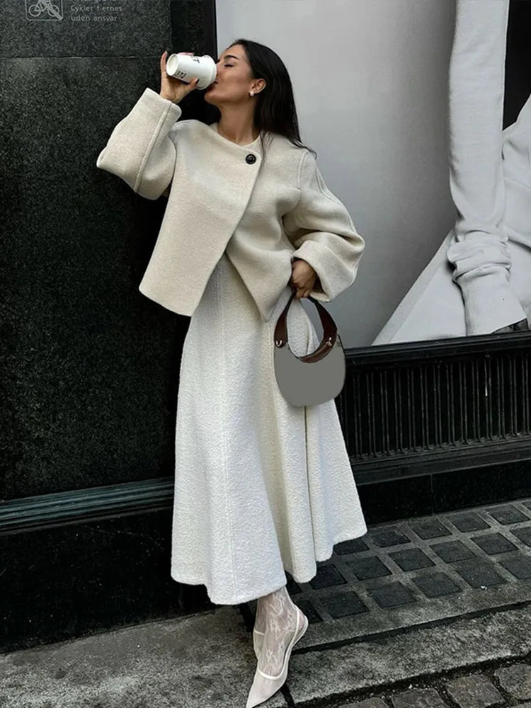 Elegant Solid Wool Mixture Winter Coats Fashion One Button Oneck Warm Lady Jacket 2024 Long Sleeve Allmatch Outwear 241113
