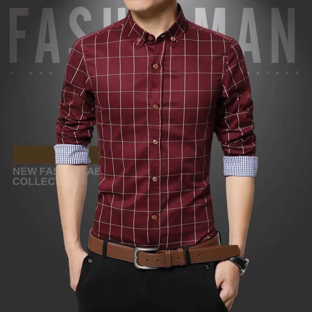 Men Shirt Plaid Print Long Sleeve Button Formal Single-breasted Warm Business Plus Size Autumn Top Male ClothesXJ24113