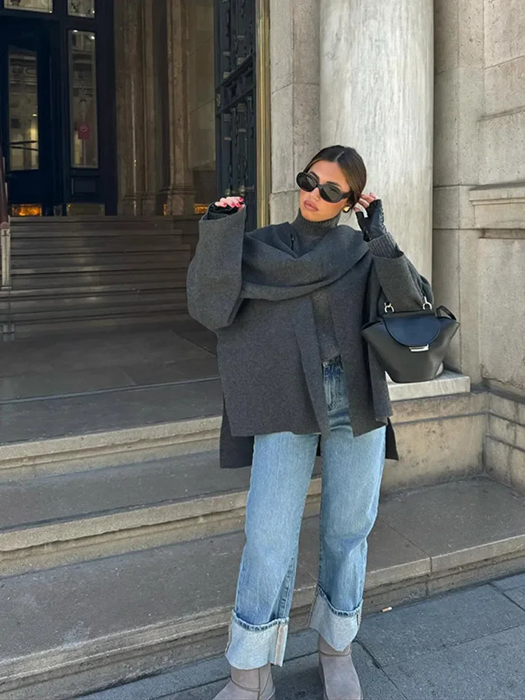 Fashion Scarf Collar Woolen Blends Jacket Elegant Long Sleeve Split Hem Loose Short Coats Winter Outerwears 241108