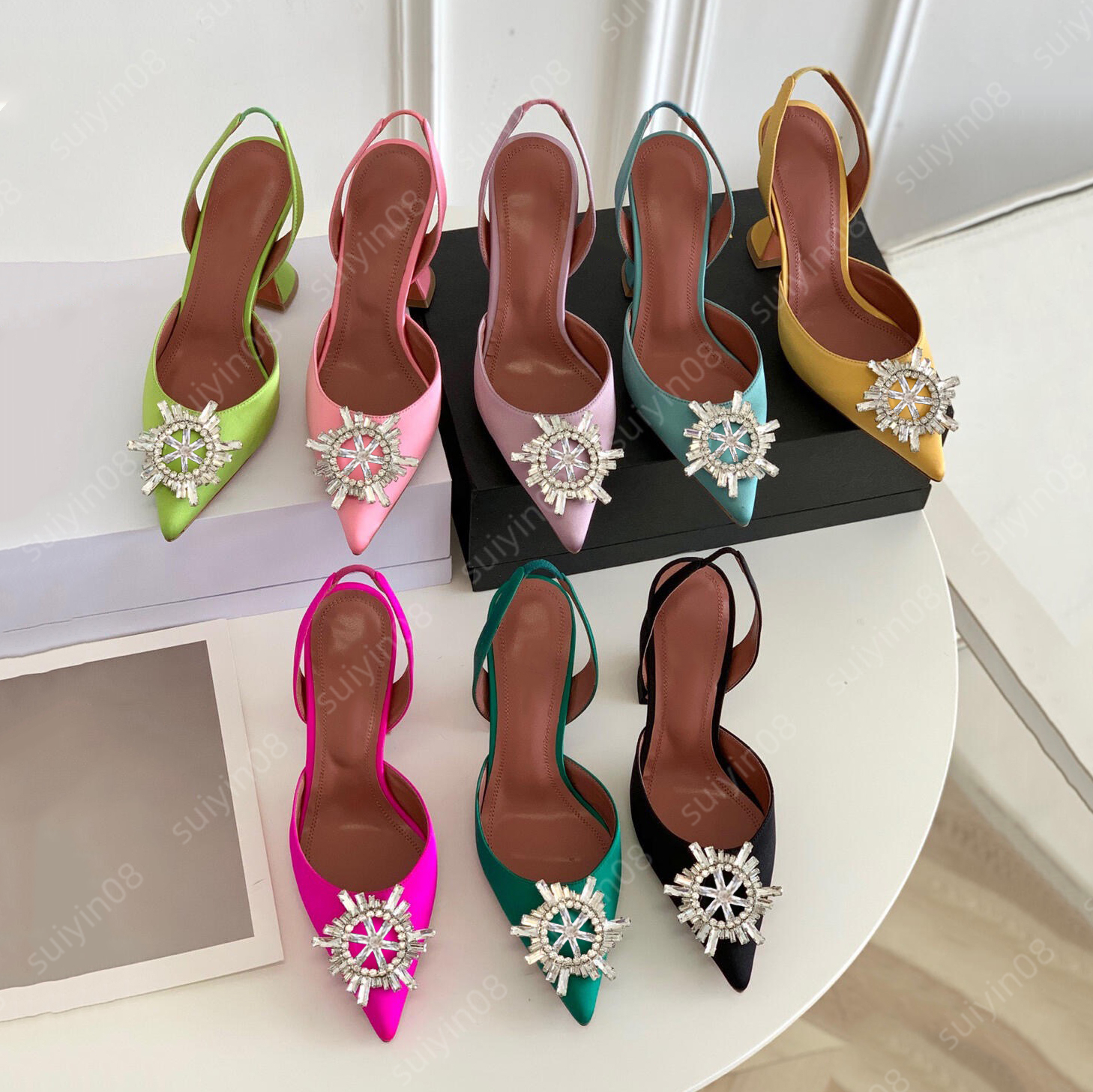 Dress Sandals Satin Pointed Slingbacks Bowtie Pumps Crystal-suower High Heeled Shoe10cm Women's Designer Party Wedding Shoes