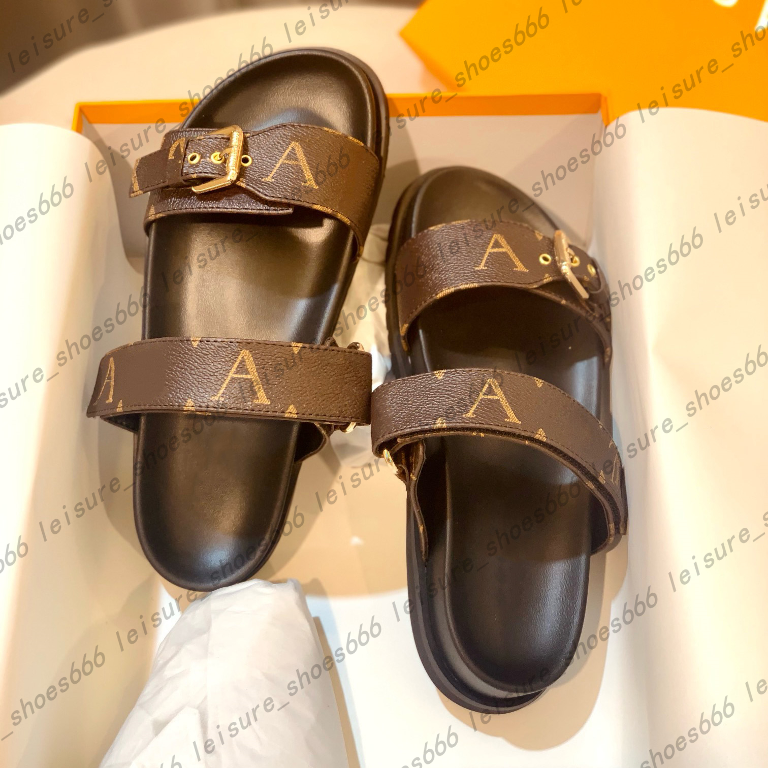 Designer Slippers slides sandals Summer Flats Sexy real leather platform Shoes Ladies Beach Effortlessly Stylish Slides 2 Straps with Adjusted Gold Buckles