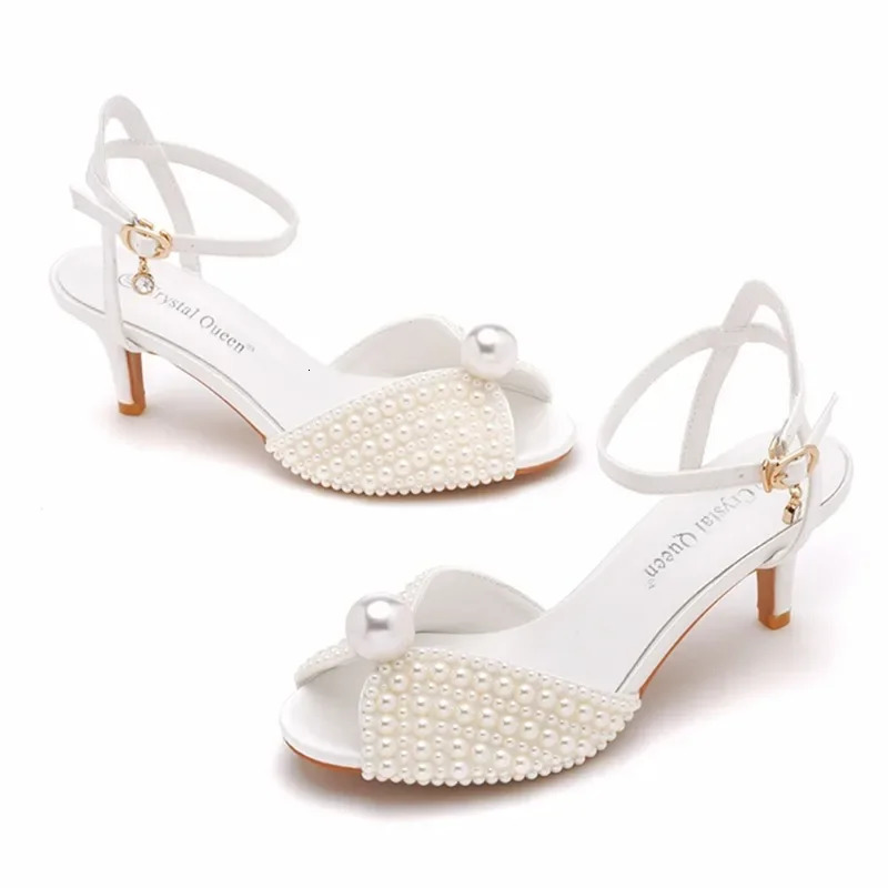 Maogu 6cm Fish Mouth High Heeled Sandals Buckle Wedding Bride er Shoes Heels Pearl Sandal Ladies Shoe Large Size 43 241113