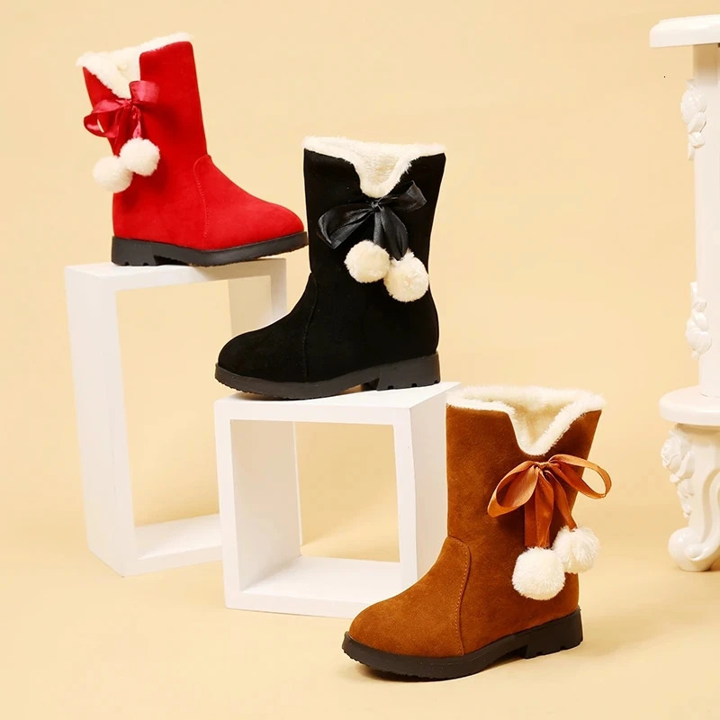 Girls winter boots warm plush Christmas red boots cute fur childrens cotton shoes anti slip childrens rubber snow boots 241113
