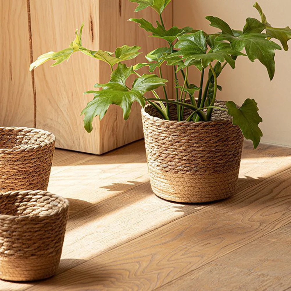 Straw Weaving Flower Plant Pot Wicker Basket Rattan Flowerpot Storage Basket Garden Flowerpot Handmade Woven Planter Basket 240409
