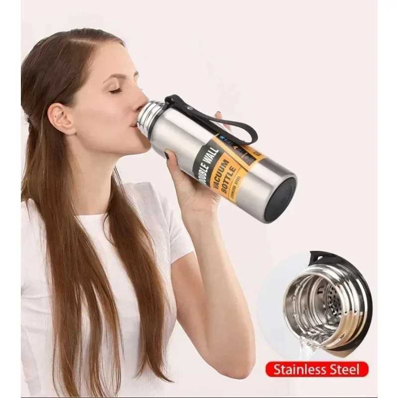 500/1000/1500ml stainless steel thermostat large capacity vacuum film portable with rope thermostat bottle Y241114