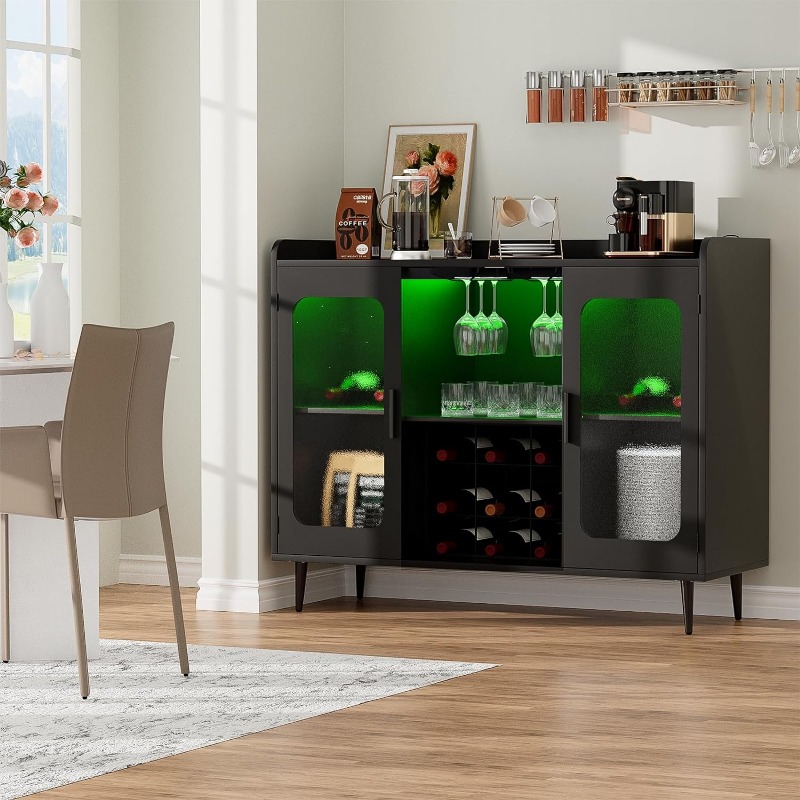 Liquor Cabinet Bar with LED Light - Wine Rack, Coffee Bar, and Storage Shelf for Dining Room