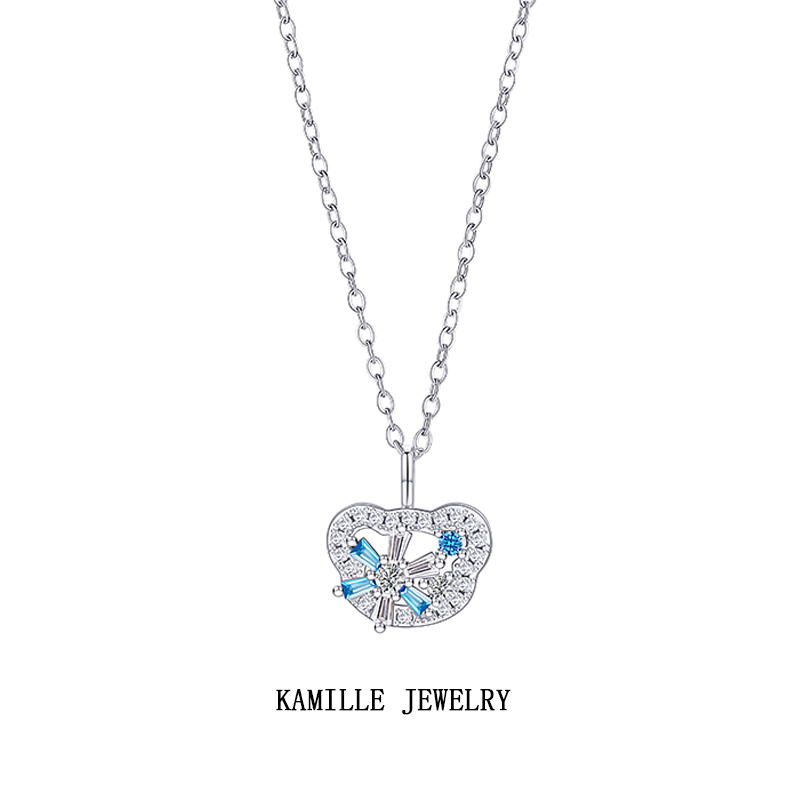Original Design Winter Sequence Small Crystals Necklace - Women's Bear Motif Pendant with Zirconia and Stainless Steel Choker