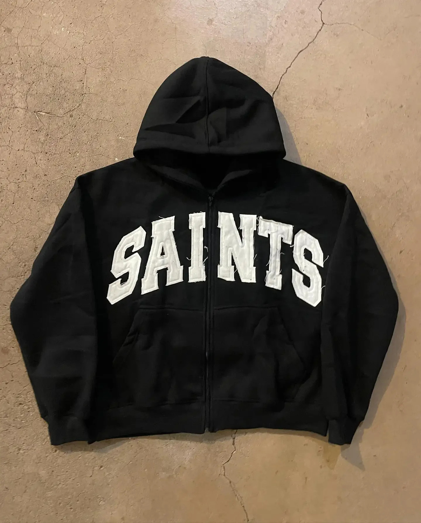 Y2K Blue Retro Cross Patchwork Loose Hoodies SAINTS Sweatshirt Fashion Oversized Zip Up Hoodie Men Streetwear Women Clothing 241112