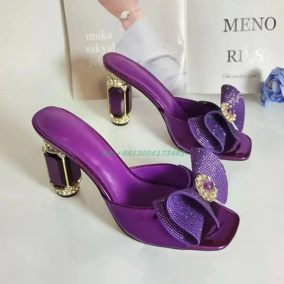 Jade Diamond Candy Bow Womens Dress High Heels Slide Toe Jewelry Water Diamond Outdoor Slide 241113
