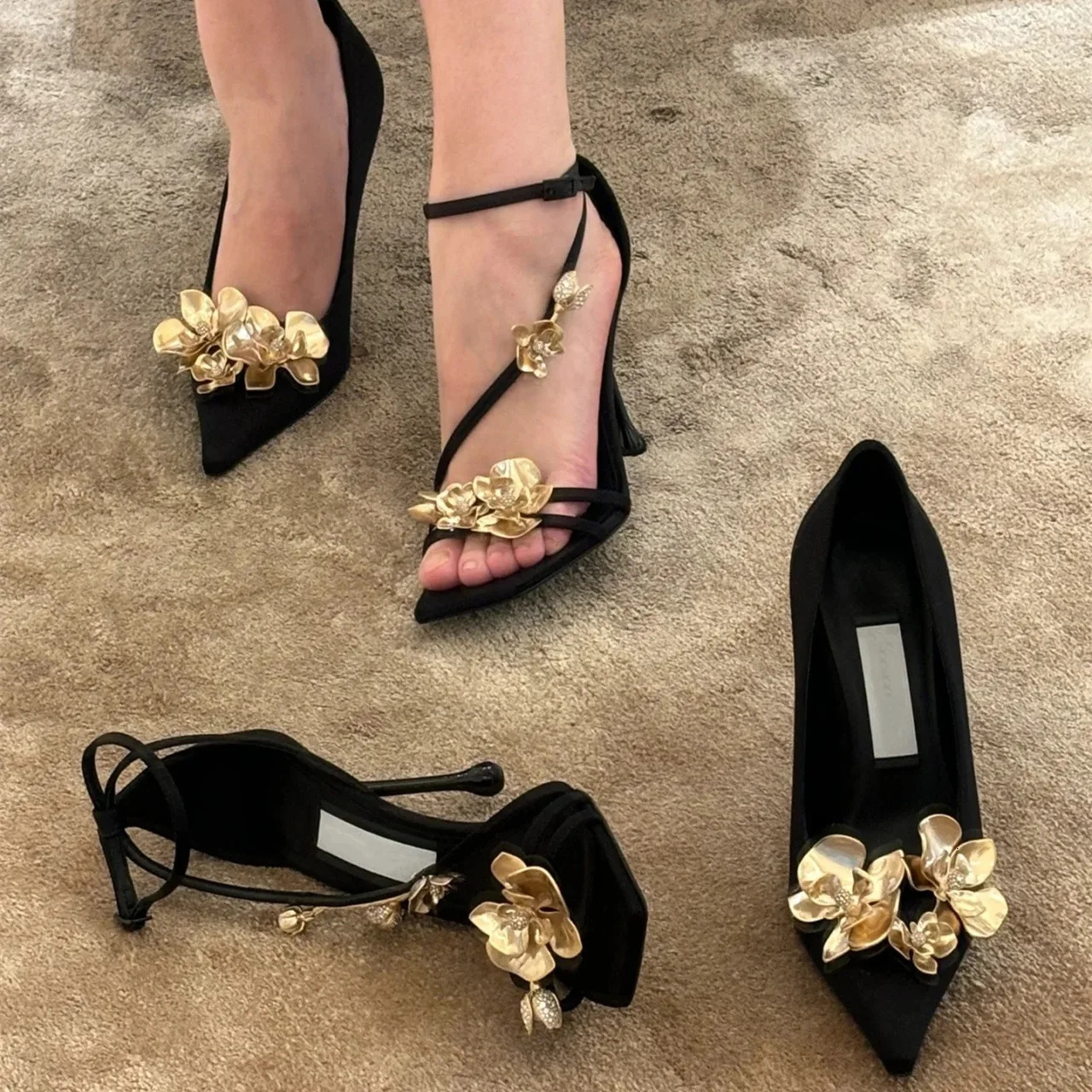 Golden Flower High Heels Womens Silk er Sandals Metal Flower Square Shoes Pointed Stiletto Party Dress Shoes Pump 241113
