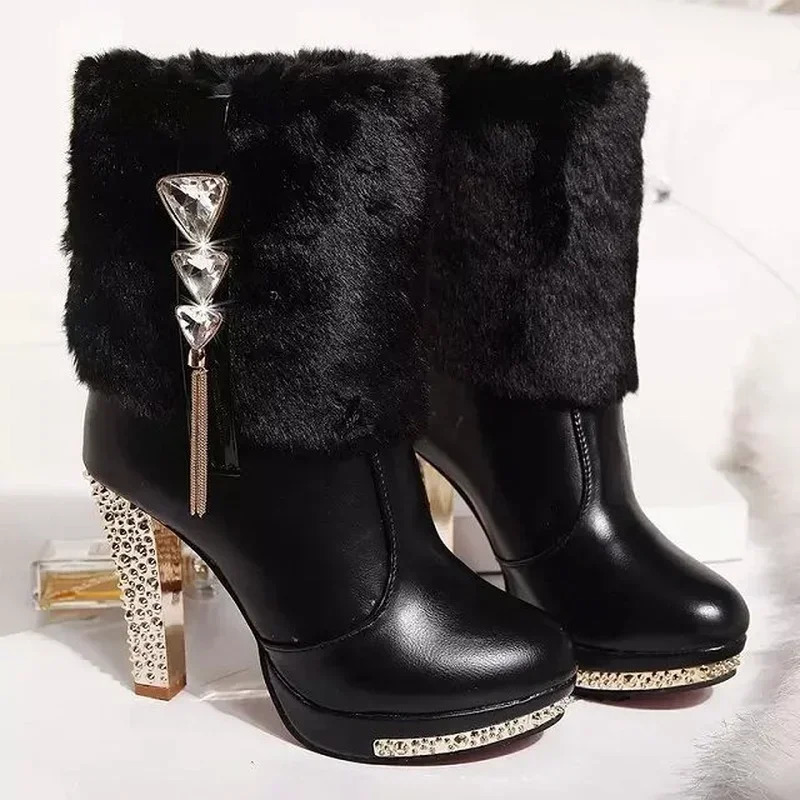 Winter boots womens shoes winter ankle boots waterproof platform womens shoes fashionable rhinestone high heels 241113