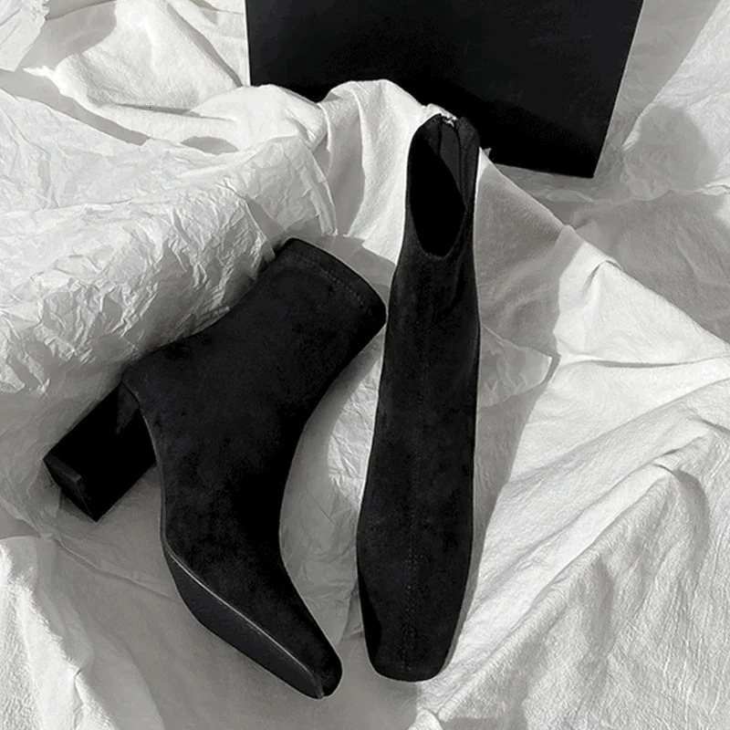 High heels womens suede ankle boots winter er square toe womens 2024 trend walking shoes pump comfortable snow Bottas 241113