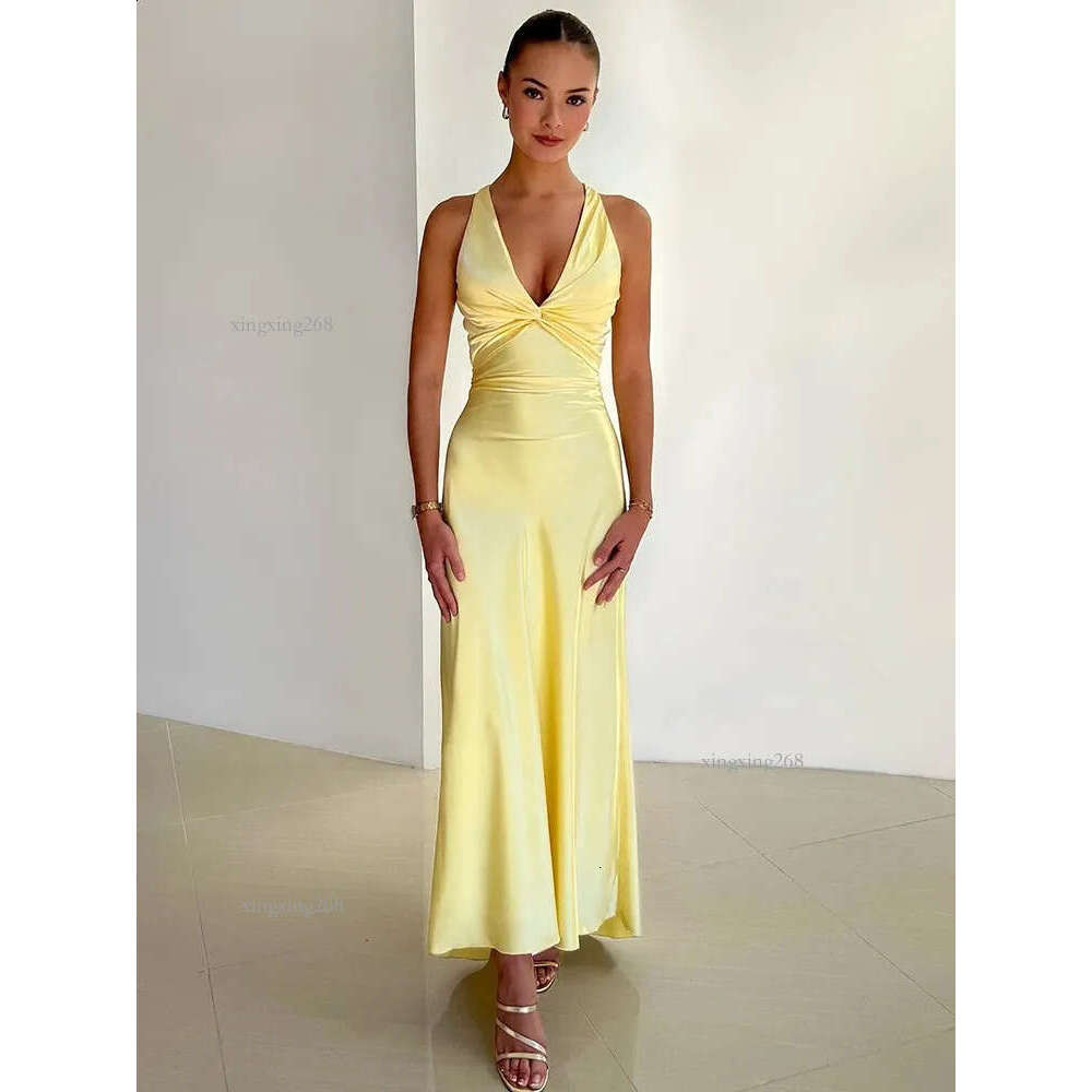 Mozision Satin Bow Backless Sexy Maxi Dress For Women Gown Fashion V Neck Sleeveless Club Party Evening Elegant 240801