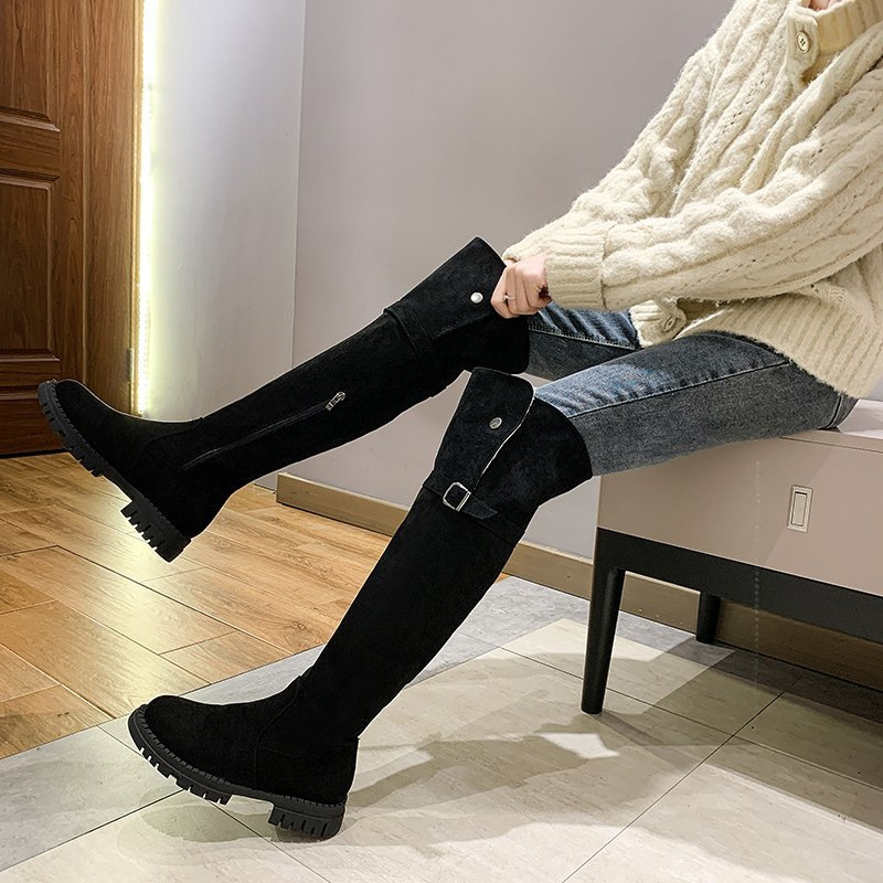 Women's Autumn/Winter New Korean Version Belt Buckle Thick Heel Knee High Boots.