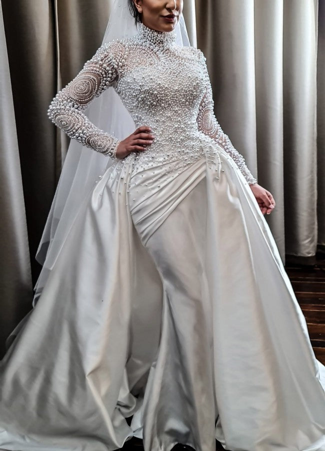 Spaghetti Straps Mermaid Wedding Dresses Sweep Train Pearls Lace Applique Beaded Bridal Gowns Robes De Mariee Vestidos 01