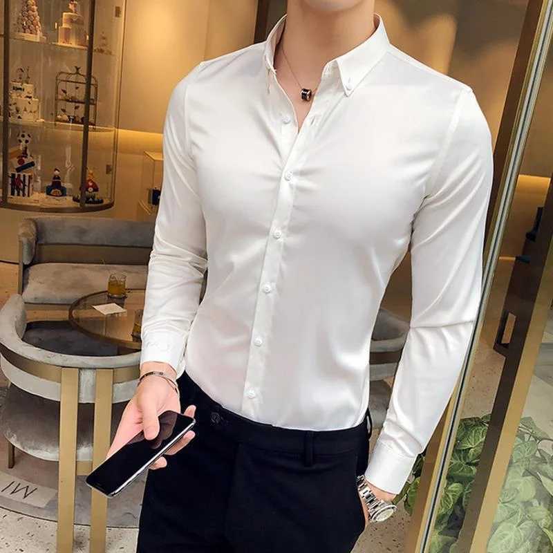 Plain Long Sleeve Shirts and Blouses for Men Business Silk Summer Button Man Tops Fashion 2024 Social High Quality Clothing S IXJ24113