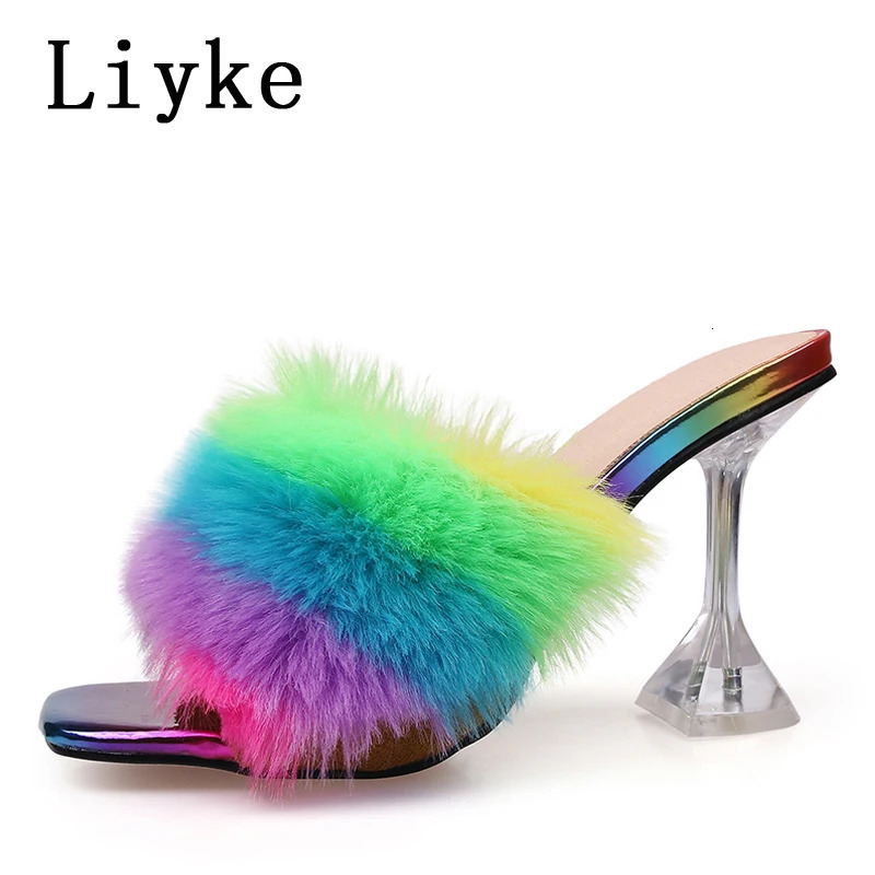 Liyke 9CM Transparent High Heels Fur Slippers Women Feather Sandals Peep Toe Mules Lady Pumps Slides Party Shoes Pink 241114