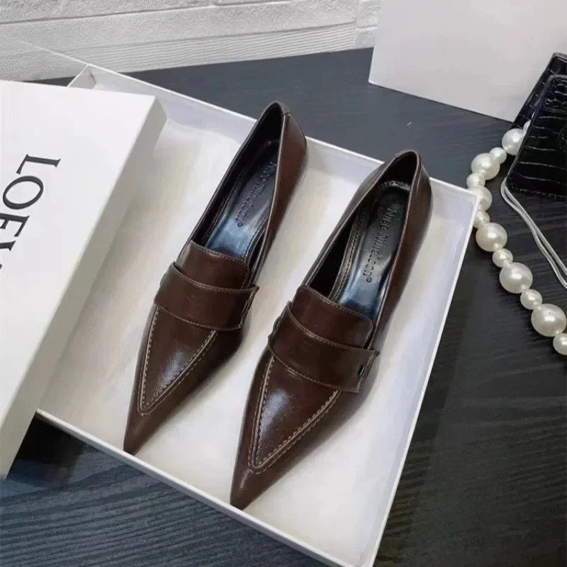 Pointed Toe Leather Shoes Womens Middle Boots Loafers Fashion Office Pump Shallow Elegant Dress Autumn Trend Chelsea Oxford Zapatos 241113