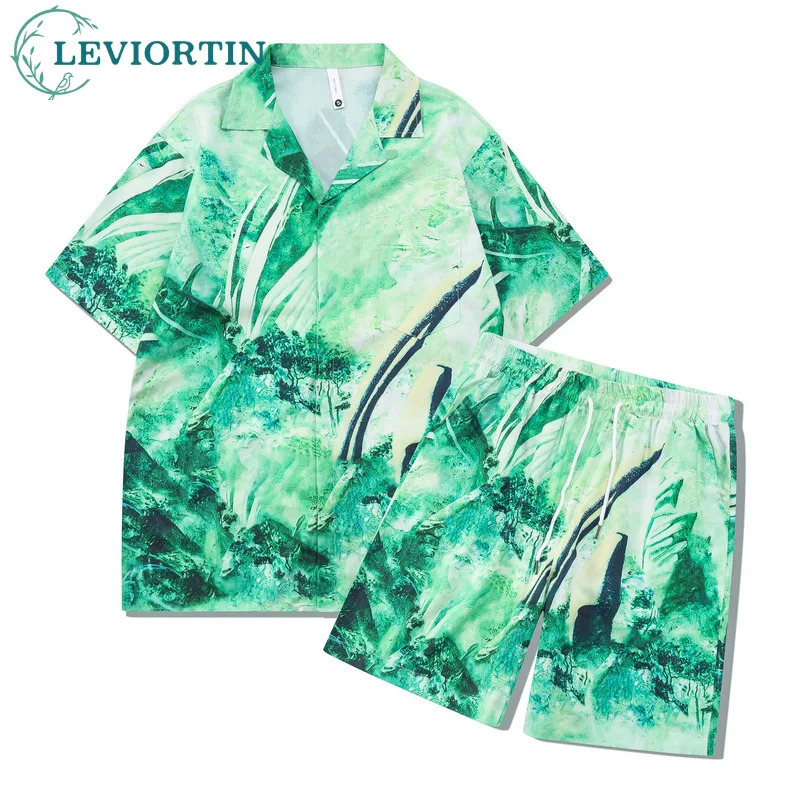 Hip Hop Men 2 Piece Set Vintage Print Button Hawaiian Shirt and Shorts Suit Summer Fashion Casual Short Sleeve Outfit 240412