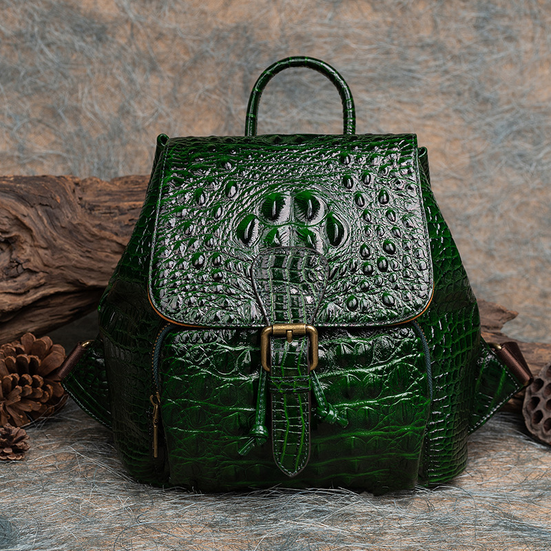 Vintage Women Genuine Backpack Crocodile Pattern Women's Real Cow Leather Bagpac Anti-Theft Ladies Travel Bag Genuine Leather BagVoyage