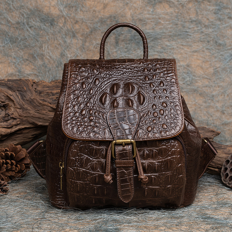 Vintage Women Genuine Backpack Crocodile Pattern Women's Real Cow Leather Bagpac Anti-Theft Ladies Travel Bag Genuine Leather BagVoyage