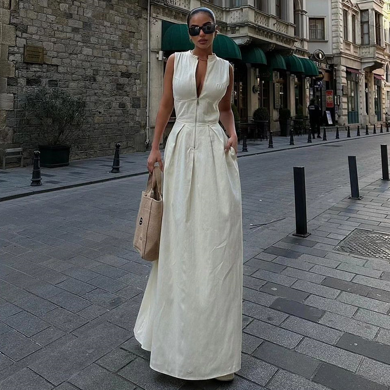 Designer Summer New Style Zipper Waist Pocket Long Solid Color Sleeveless Dress G05
