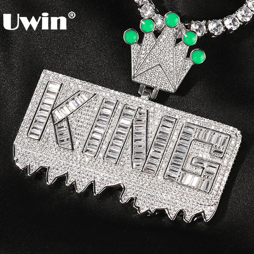 UWIN KING Nameplate Pendant with Crown Bezel for Men Necklaces Iced Out CZ Stones baguettecz Charms Hip Hop Fashion Jewelry Gift 241113