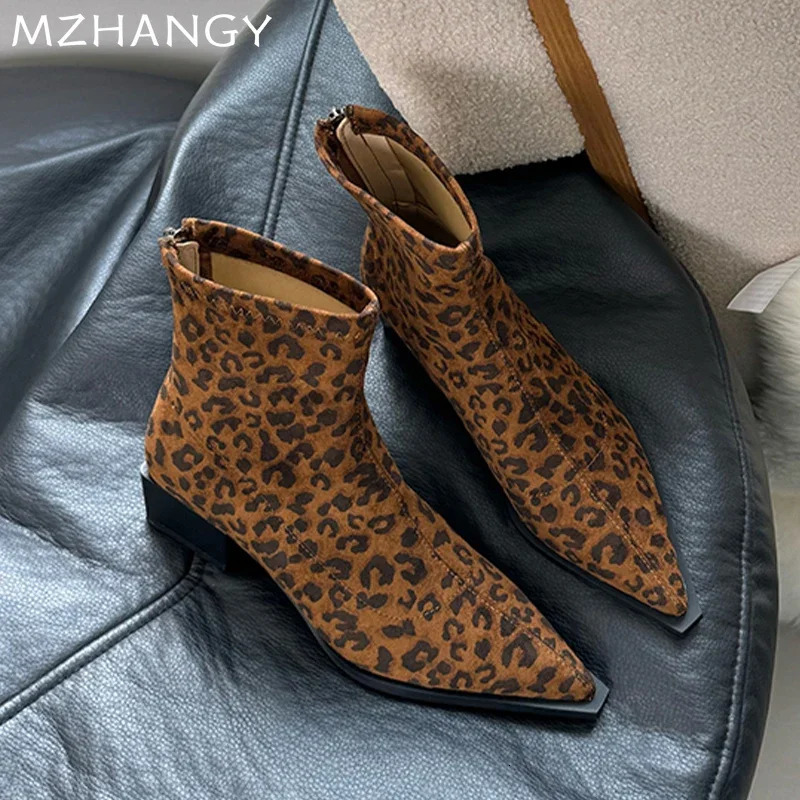 Womens leopard ankle boots toe suede mid boots womens 2024 trend short and chubby Chelsea boots pump Snow Mujer Bottas 241113