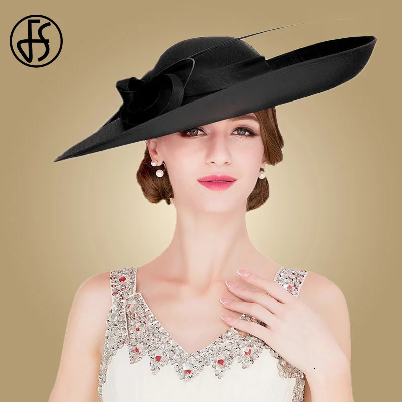 FS Royal Red Ladies Weddings Hats Fascinators Women Black Large Big Brim Kentucky Church Fedoras Party Dress Sinamay Hat 240412