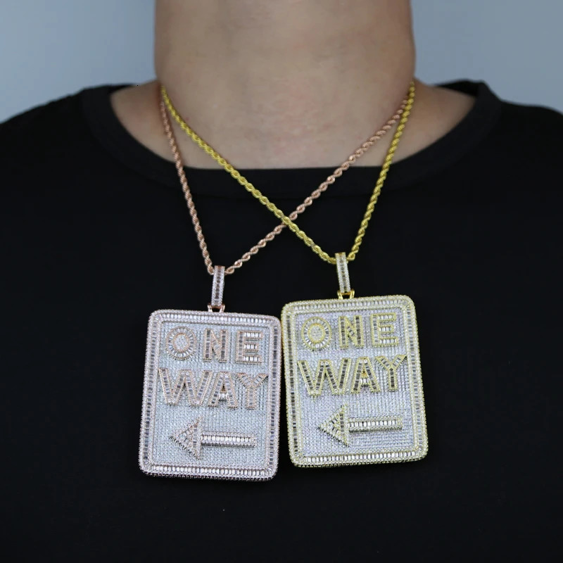 Hip Hop Geometric Rectangle Letter One Way Pendant Necklace Full Paved Cubic Zirconia Iced Out Bling 5A Cz Men Boy Jewelry 241113