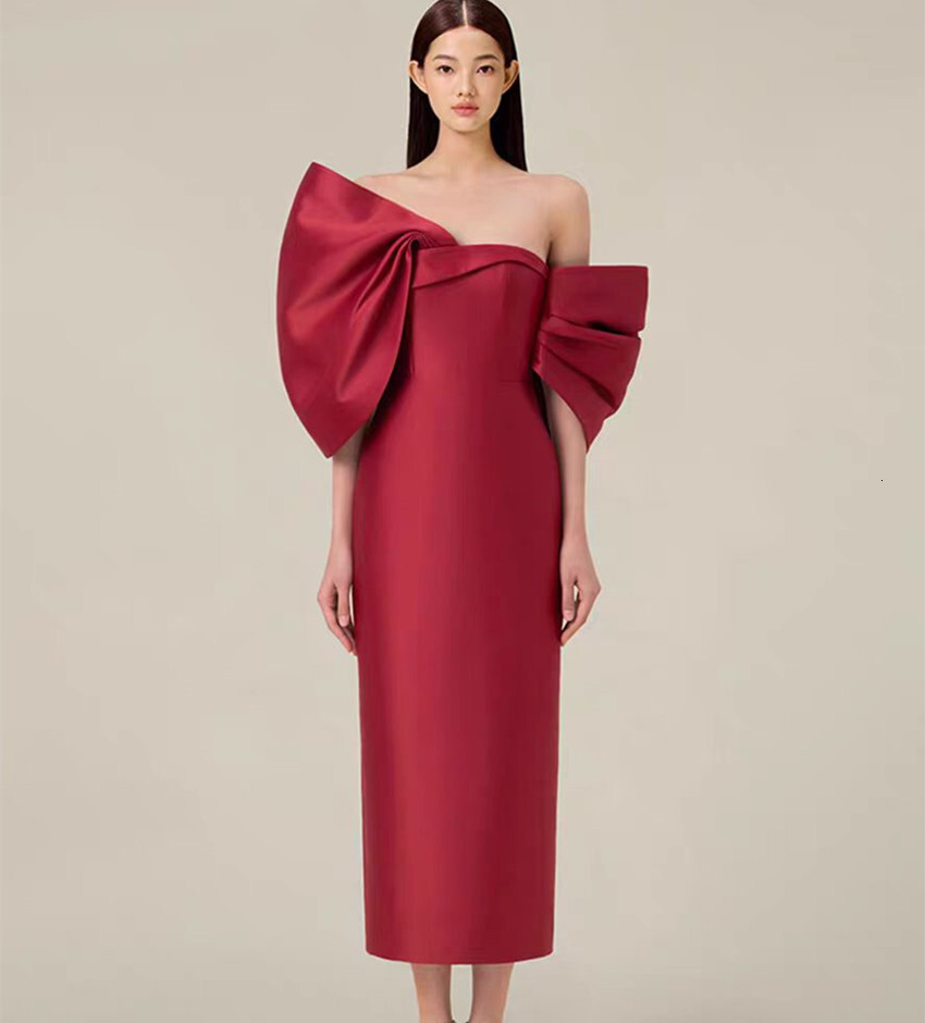 New Runway Fashion Summer Prom Party Pencil Dress French Women Sexy Off The Shoulder Back Large Bow Bodycon Split Midi Vestidos
