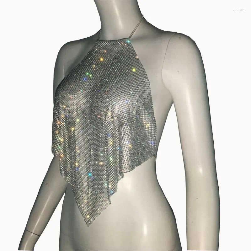 Women's Tanks Shiny Diamond Tank Top Crystal Rhinestone Halter Low Out Backless Crop Tops Sexy Nightclub Y2K Festival Rave Party Camis