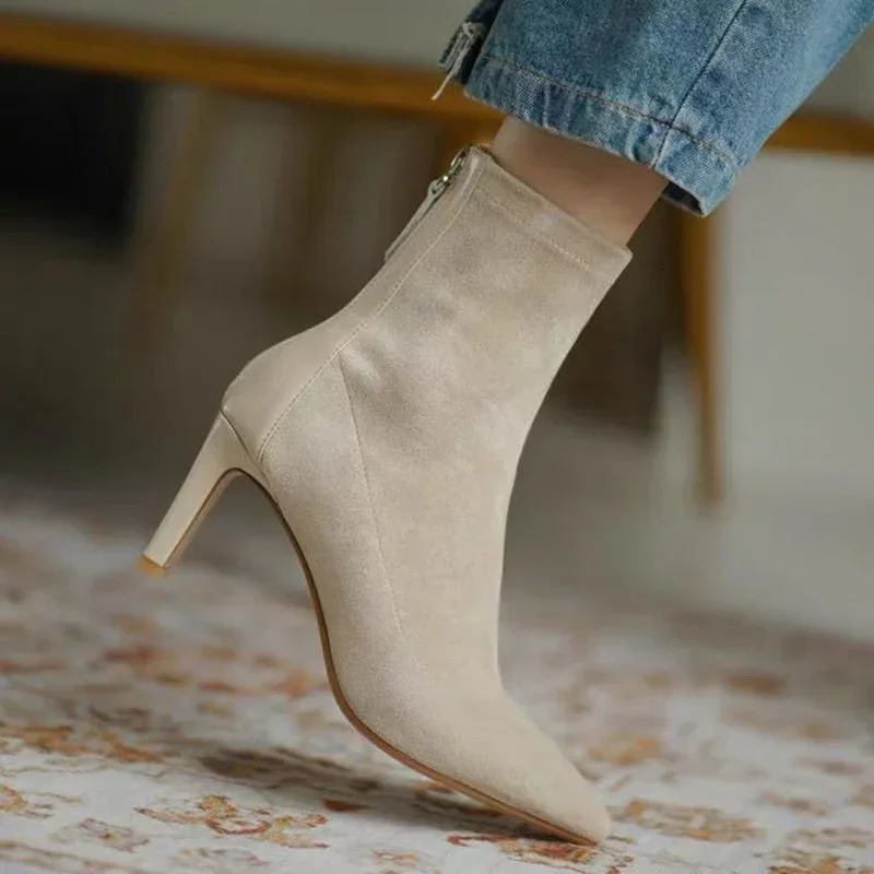 High heeled suede boots for women Korean style autumn and winter mid heel elastic thin boots pointed toes zippered socks for women 241113