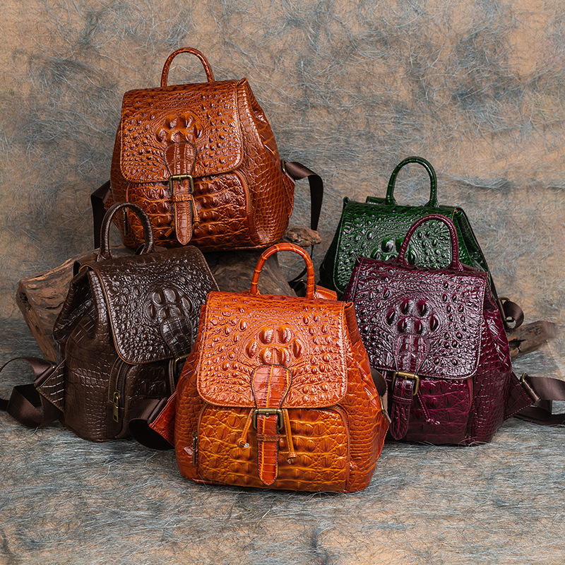 Vintage Women Genuine Backpack Crocodile Pattern Women's Real Cow Leather Bagpac Anti-Theft Ladies Travel Bag Genuine Leather BagVoyage