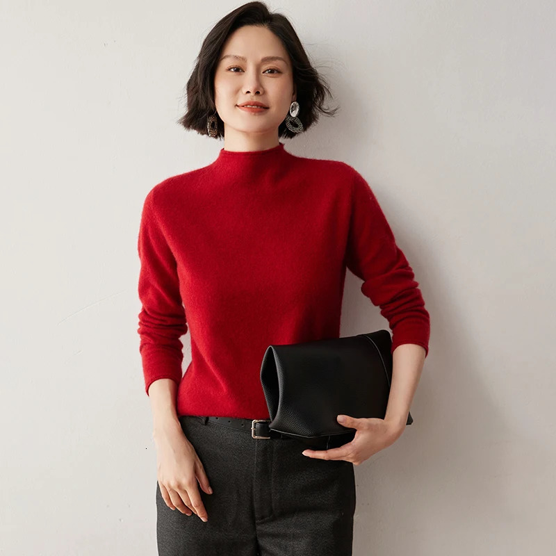 Womens rolled edge semi high neck cashmere sweater autumn and winter long sleeved solid color basic latte art skydiving knitted top 241113
