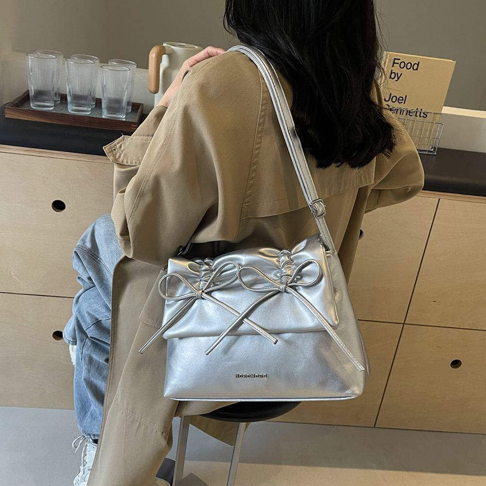 Women Bowknot Pu Shoulder Bag Crososbody Bag With Flap Cover Large Capacity Bag Stylish for Daily Office Use Solid Color Handbag