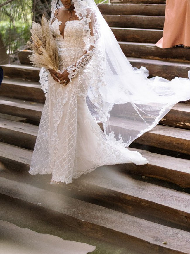 Sexy Women Wedding Dress White Lace Long Dress Deep V-neck Long Mesh Lace Sleeve A-line Pleated Floor-length Dresses 02