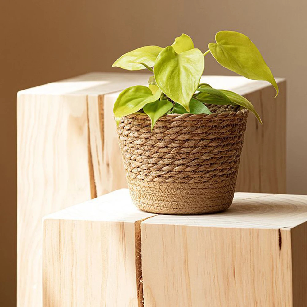 Straw Weaving Flower Plant Pot Wicker Basket Rattan Flowerpot Storage Basket Garden Flowerpot Handmade Woven Planter Basket 240409