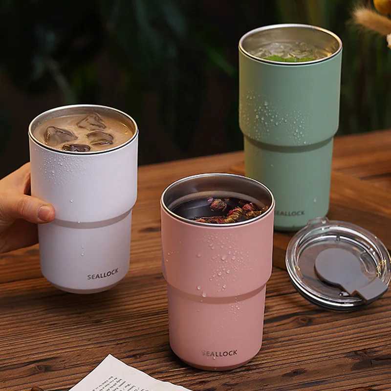 Round large-diameter travel hot coffee g 304 stainless steel cup with handle lid leak proof portable travel g Y241114