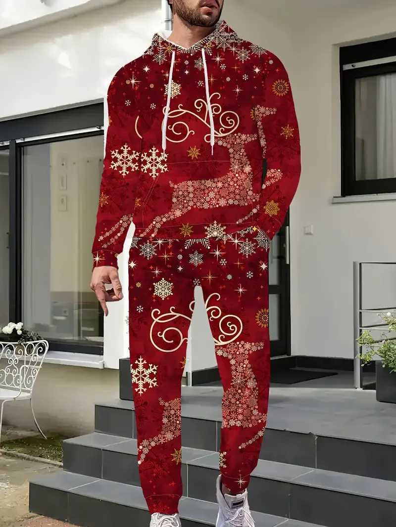 Mens Christmas Hoodie Set 3D Printed Adult and Child Two Piece Set Tracksuit New Years Party Couple Christmas Gift Extra Large Sweater Set X241113