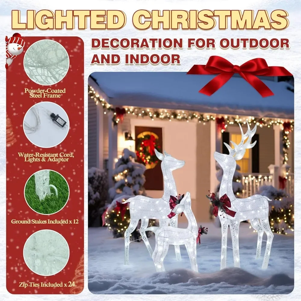 3piece reindeer family set with lights for Christmas decoration 45 FT pre lit 200 LED outdoor indoor white 3D 241108