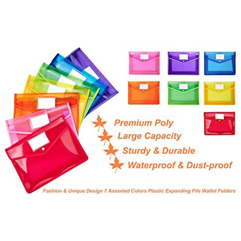 7 Pack A4 Plastic Wallet Folder Envelopes With Closure And Label Pocket, 2.8Inch Expansion, For School Home Work Office